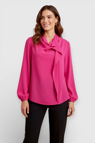 Adelina Fuchsia Pink Cowl Neck Ruffled Blouse Front View by AnnaCristy Milano Italian Women's Fashion 