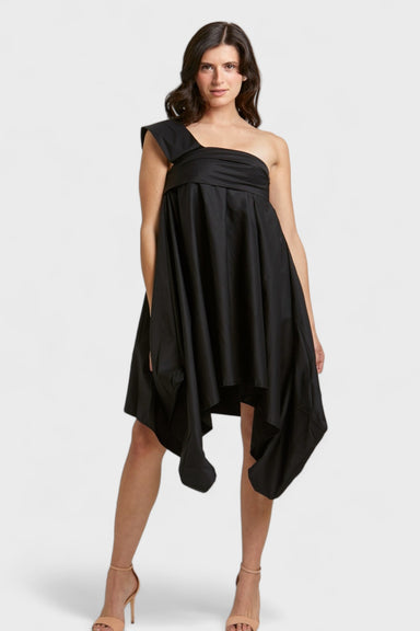 Adora Black Asymmetric One-Shoulder Cotton Dress