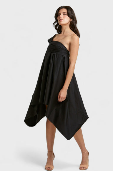 Adora Black Asymmetric One-Shoulder Cotton Dress
