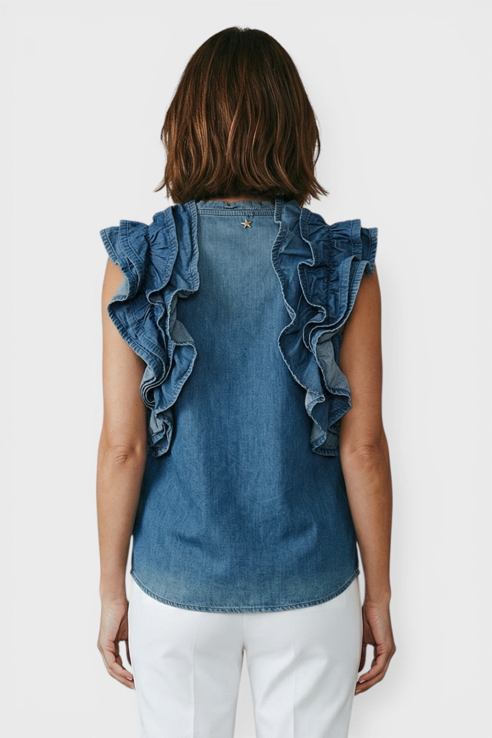 Amara Denim Ruffle Blouse Top Back View by Souvenir Italian Women's Clothing