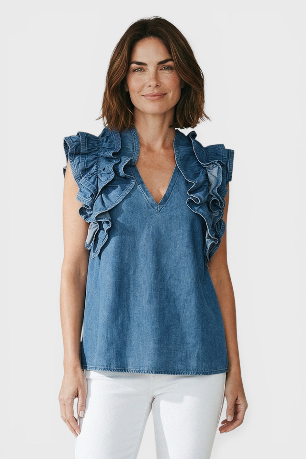 Amara Denim Ruffle Blouse Top front View by Souvenir Italian Women's Clothing