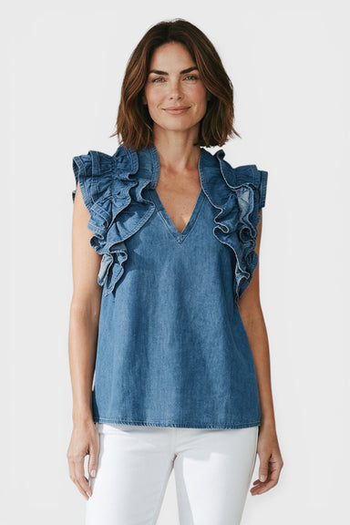 Amara Denim Ruffle Blouse Top front View by Souvenir Italian Women's Clothing