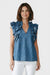Amara Denim Ruffle Blouse Top front View by Souvenir Italian Women's Clothing