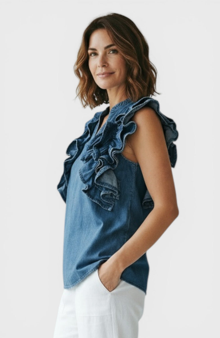 Amara Denim Ruffle Blouse Top Side View by Souvenir Italian Women's Clothing