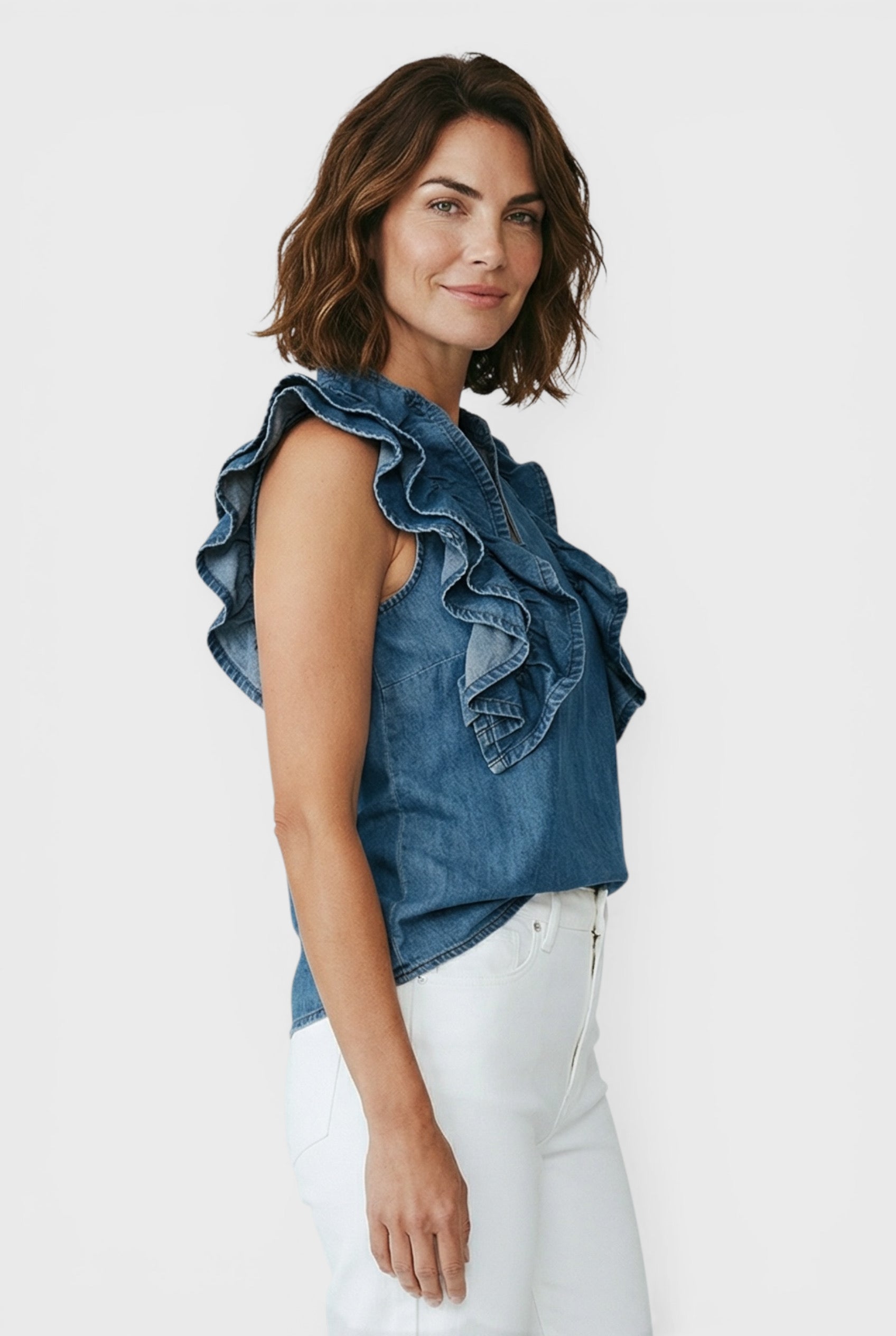 Amara Denim Ruffle Blouse Top Side View 2 by Souvenir Italian Women's Clothing