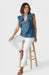 Amara Denim Ruffle Blouse Top front View with Model sitting by Souvenir Italian Women's Clothing