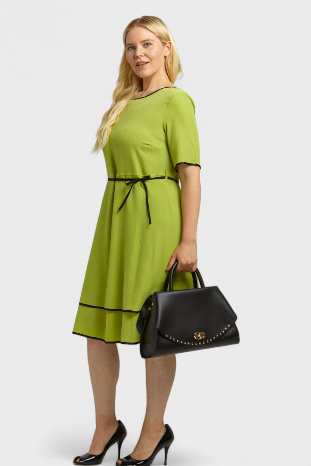 Angelia Plus Size Pistachio Green Ruffled Dress by Oltretempo Italian Women's Fashion Paired with Capri Black Studded Medium Bag