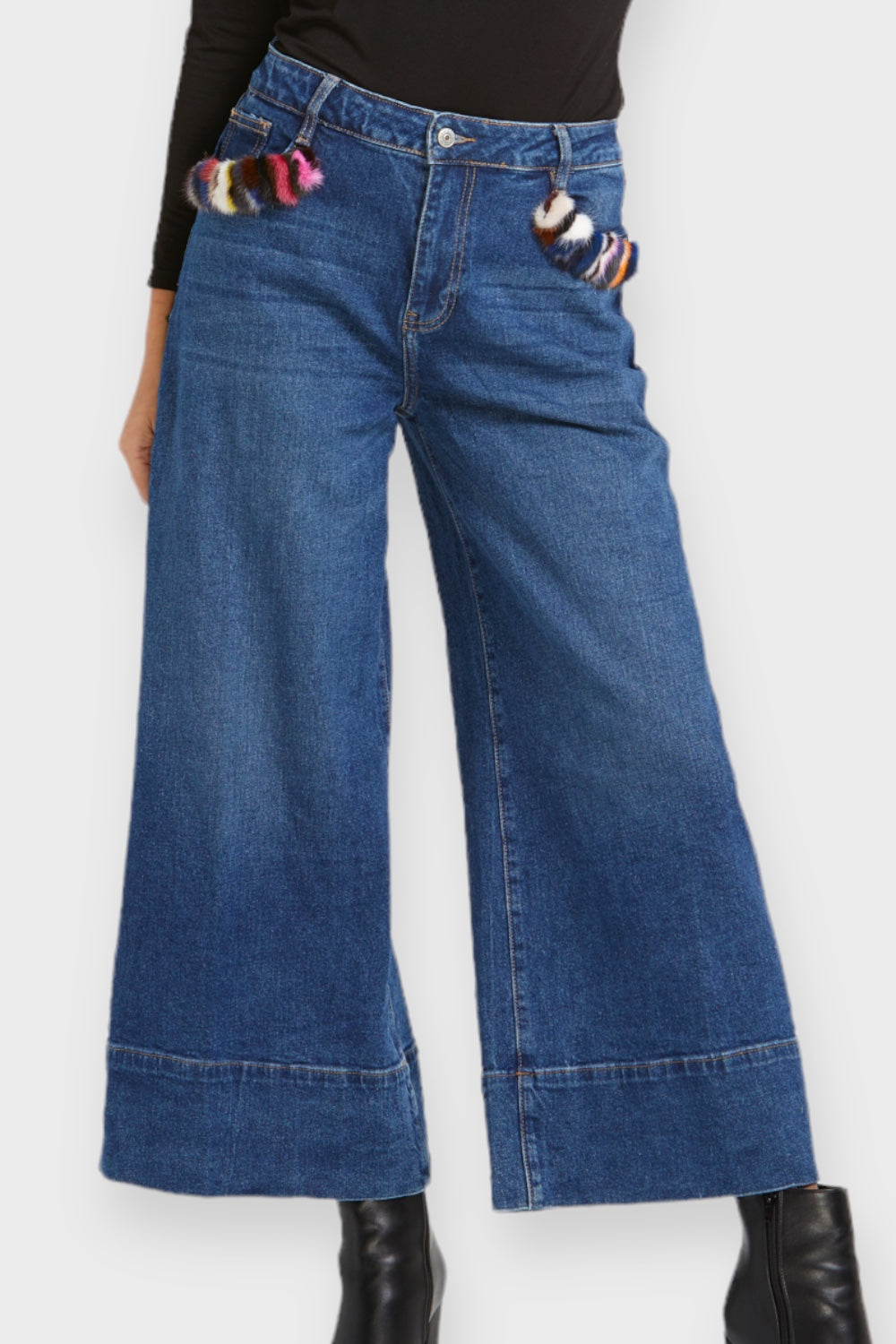 Angelina Fur Detail Wide-Leg Ankle Jeans