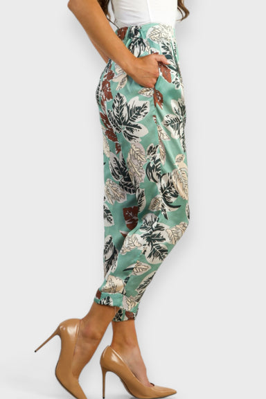 Anna High-Rise Floral Print Satin Trousers by AnnaCristy Milano Italian Women's Clothing