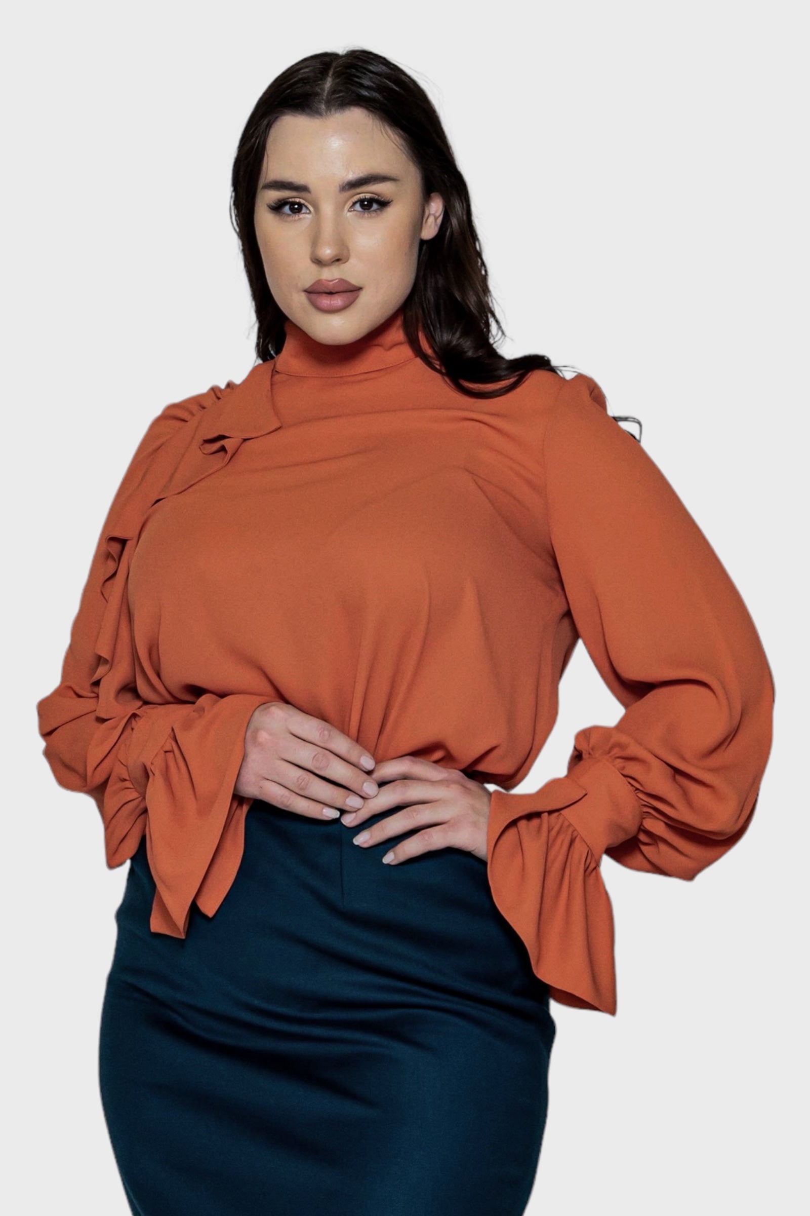 Anna Plus Size Orange Ruffled Georgette Blouse Top by Sara Sabella Italian Women's Fashion 