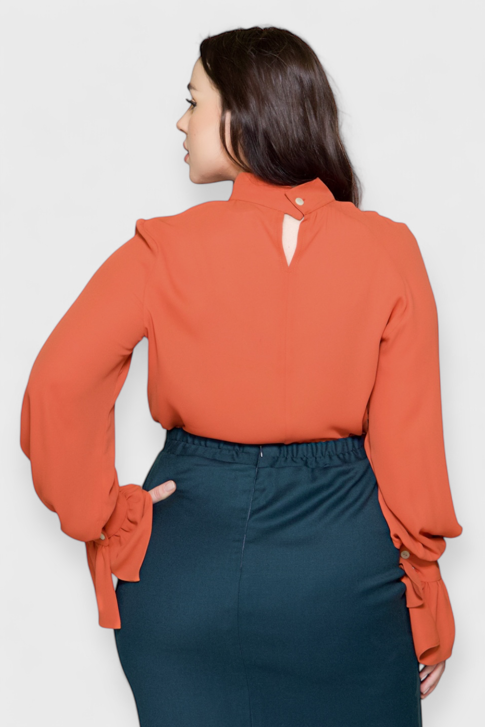 Anna Orange Ruffled Georgette Blouse Top in Plus Size by Sara Sabella Italian Women's Fashion Back View