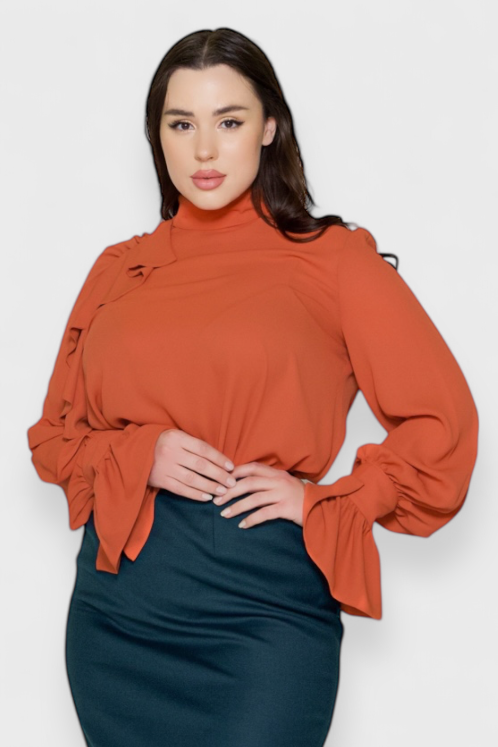 Anna Orange Ruffled Georgette Blouse Top in Plus Size by Sara Sabella Italian Women's Fashion Front View