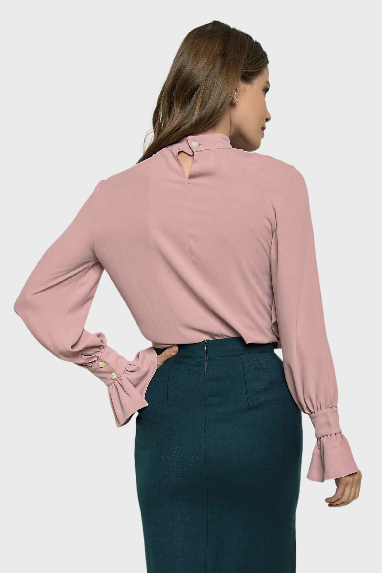Anna Rose Pink Ruffled Georgette Blouse Top by Sara Sabella Italian Women's Fashion Paired with Audrey Blue Marine Suit Skirt