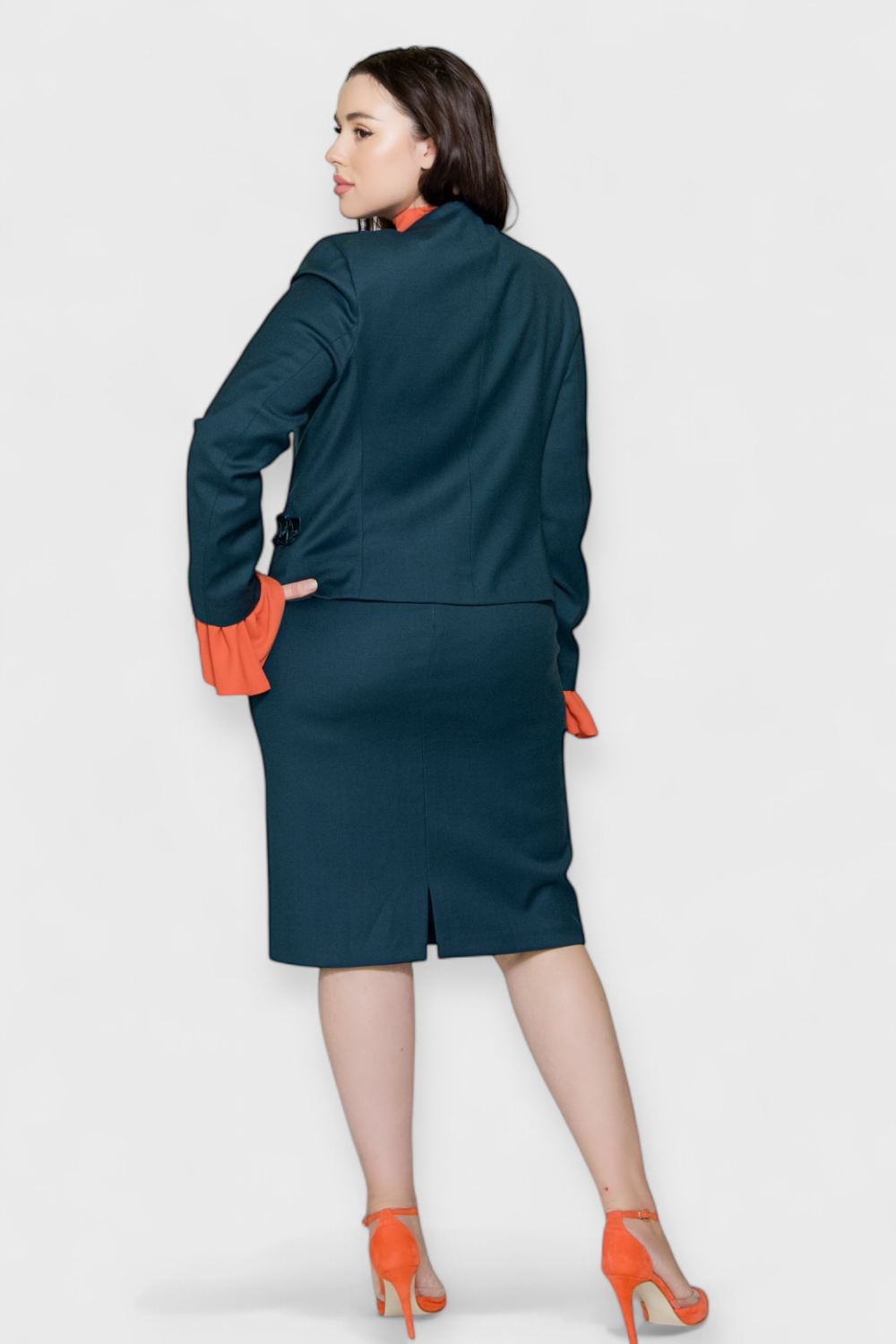 Audrey Dark Teal Blue Jacket & Skirt Suit Set in Plus Size by Sara Sabella Italian Women's Fashion Back View