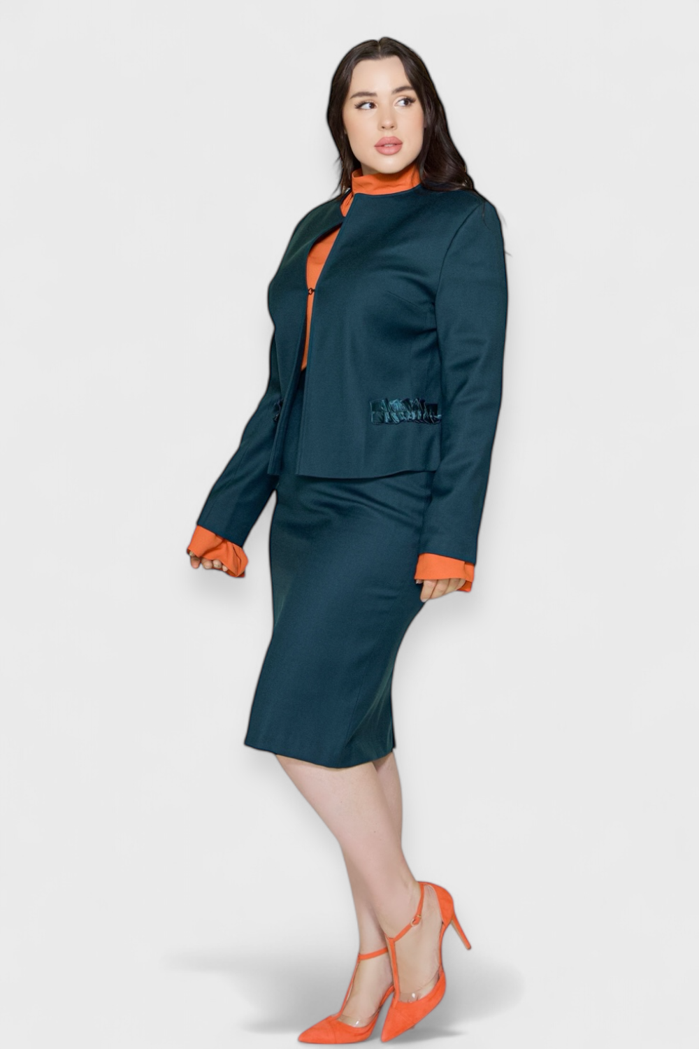 Audrey Dark Teal Blue Jacket & Skirt Suit Set in Plus Size by Sara Sabella Italian Women's Fashion Side View