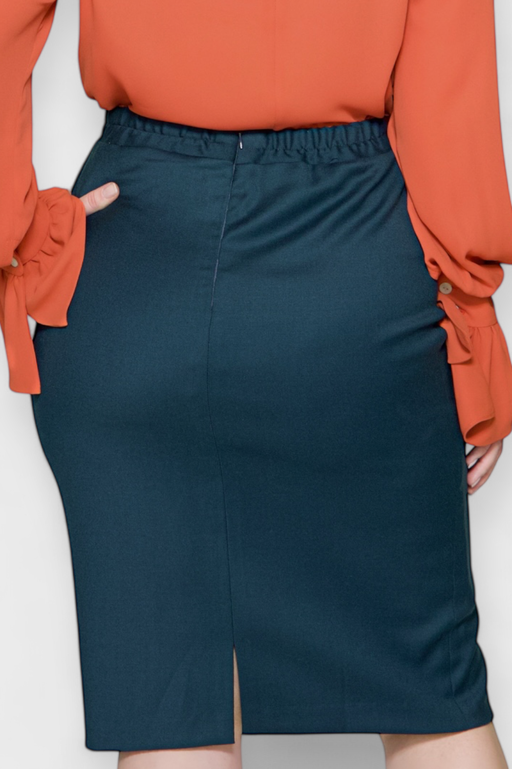 Audrey Dark Teal Blue Jacket & Skirt Suit Set in Plus Size by Sara Sabella Italian Women's Fashion Skirt Waist View