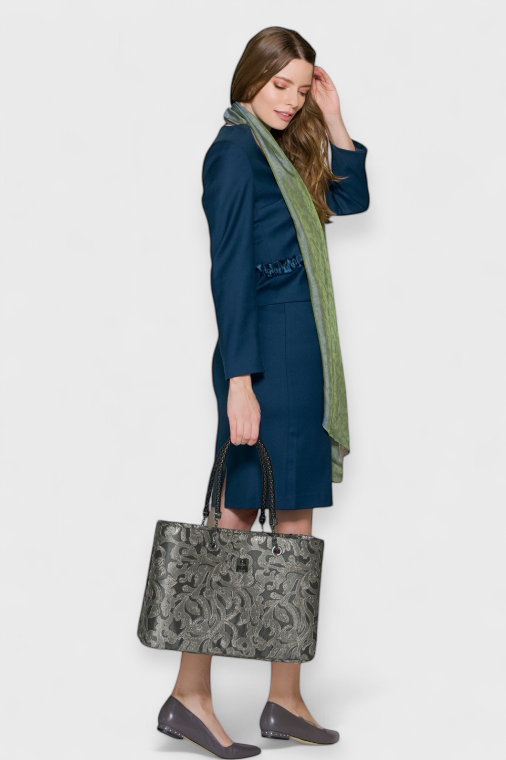 Audrey Dark Teal Blue Jacket & Skirt Suit Set by Sara Sabella Italian Women's Fashion Paired with Ravenna Silk Scarf and Abree Silver Damask Tote Bag