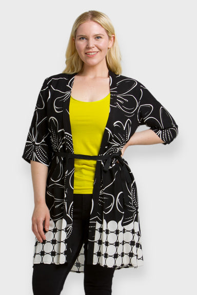 Ava Plus Size Black & White Floral Print Belted Duster Cardigan by Oltretempo Italian Women's Clothing