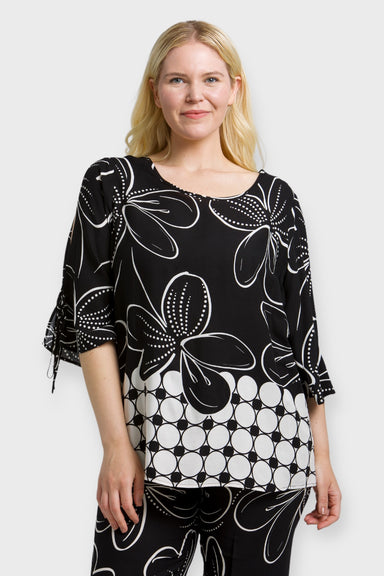 Ava Plus Size Black & White Floral Print Split-Sleeve Blouse by Oltretempo Italian Women's Clothing