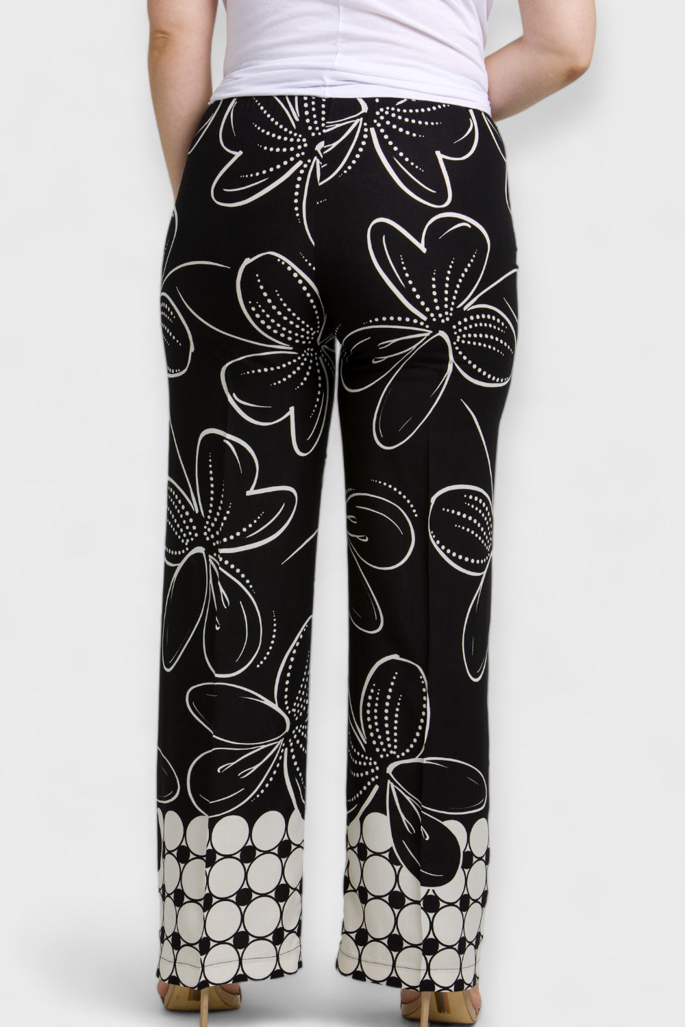 Ava Plus Size Black & White Floral Print Wide-Leg Pants by Oltretempo Italian Women's Clothing