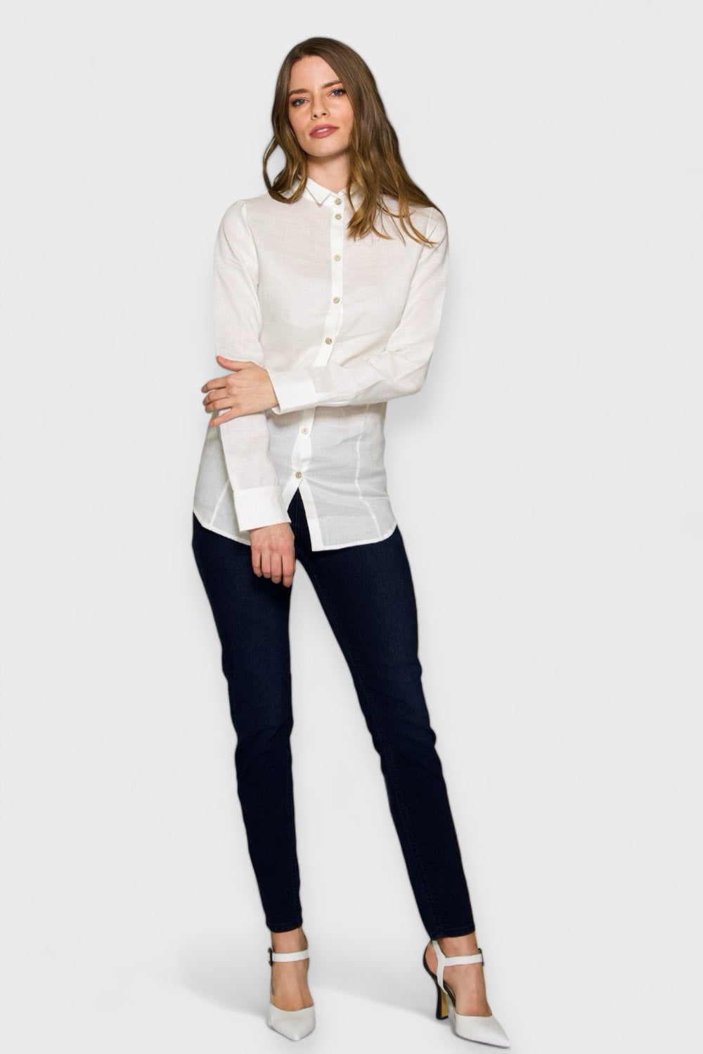 Bella Off White Collared Button Up Long Sleeve Shirt by Marise.Eco.Couture Italian Women's Clothing paired with Gatsby Black and White Pumps