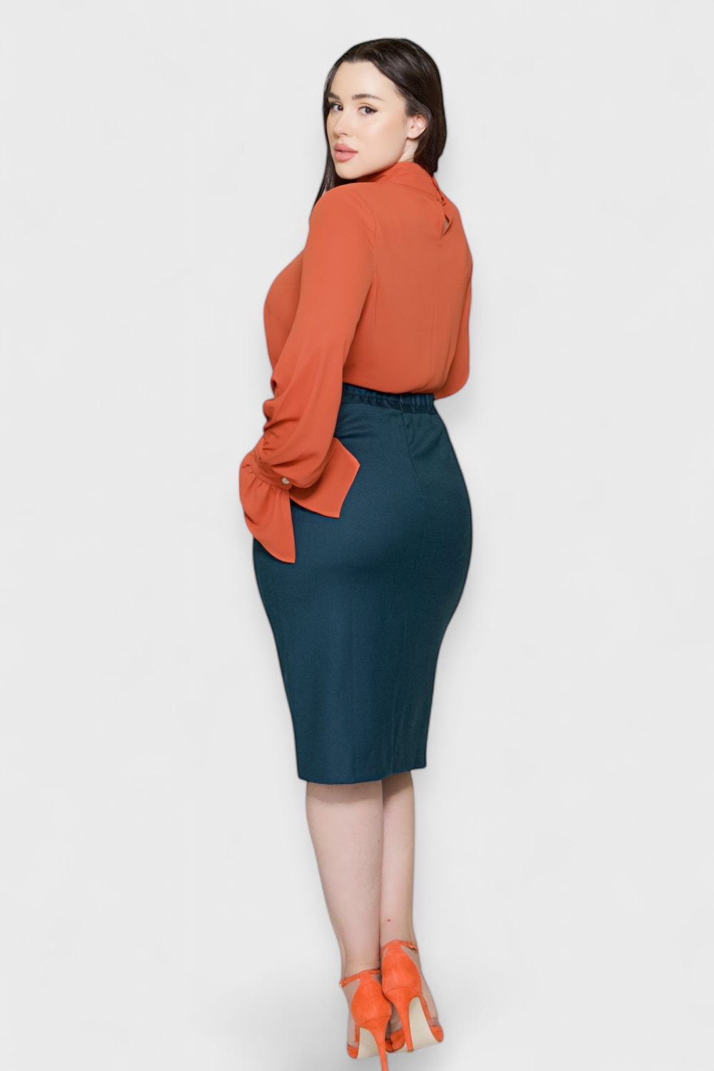 Anna Orange Ruffled Georgette Blouse Top in Plus Size Fit with Audrey Teal Blue Skirt by Sara Sabella Italian Women's Fashion Back View