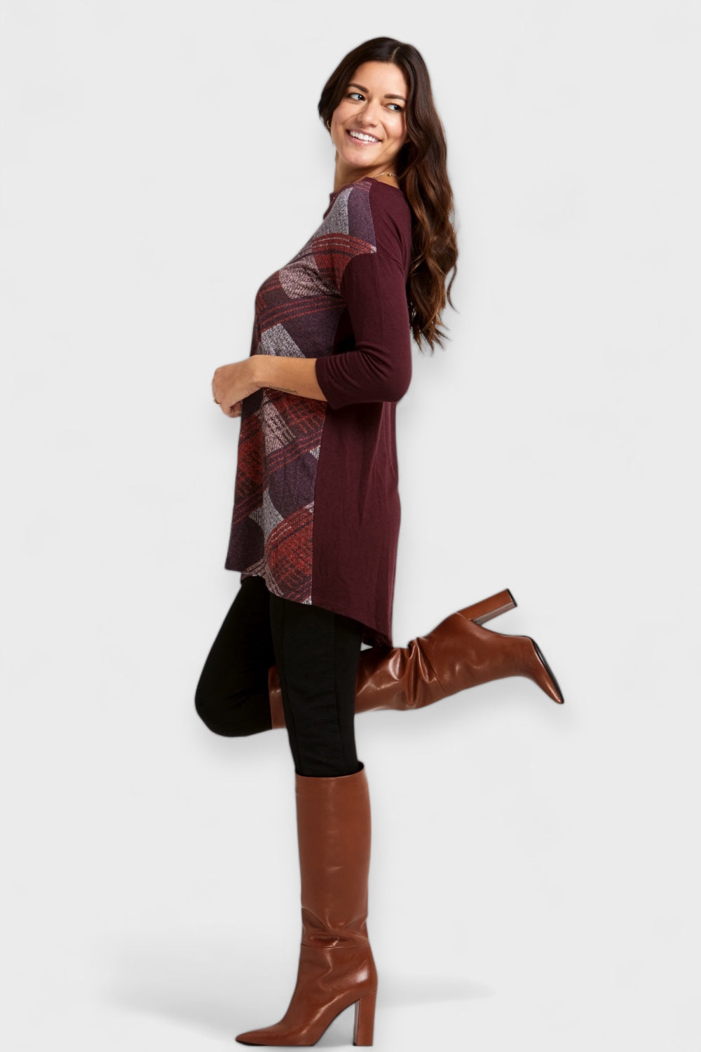 Brandy Caramel Knee High Boots  by Marco Cinosi Italian Women's Shoes Paired with Geo Print Tunic Top