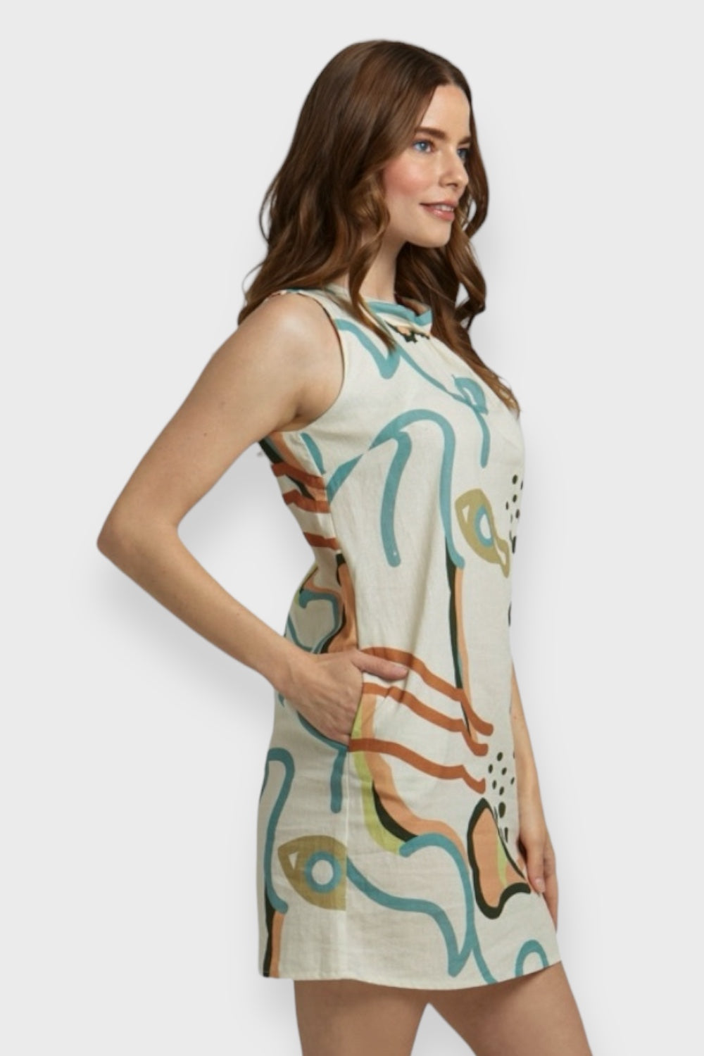 Abstract Geo Print Sleeveless Linen Shift Mini Dress | Italian Dresses X-Small Abstract Geo Print Sleeveless Linen Shift Mini Dress | Italian Dresses X-Small