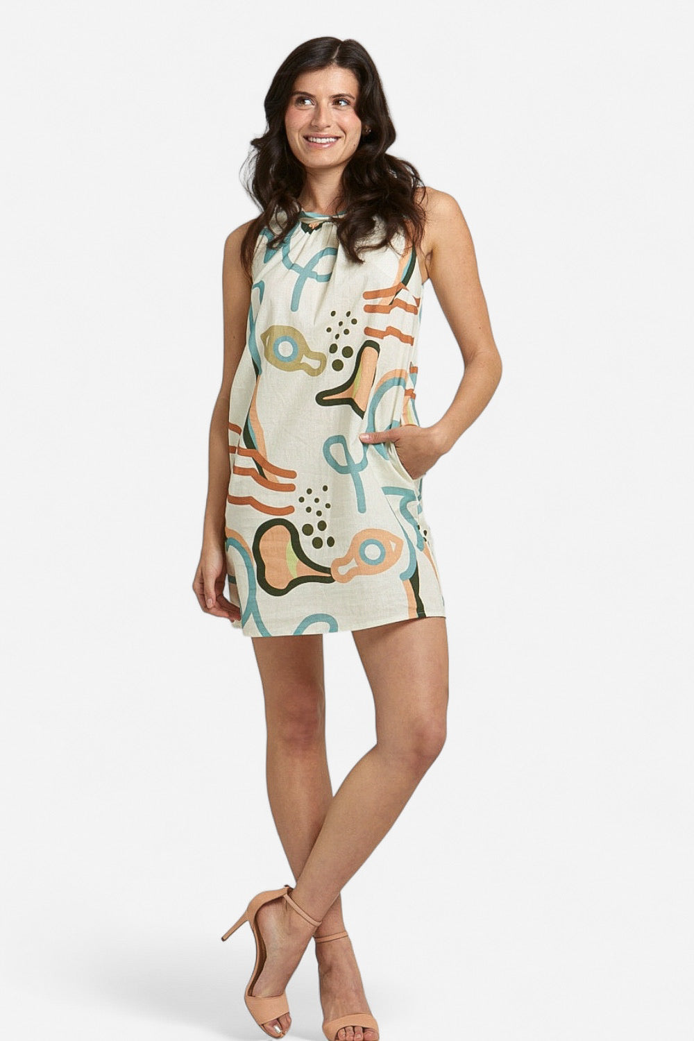 Abstract Geo Print Sleeveless Linen Shift Mini Dress by Bravaa Italian Women's Clothing