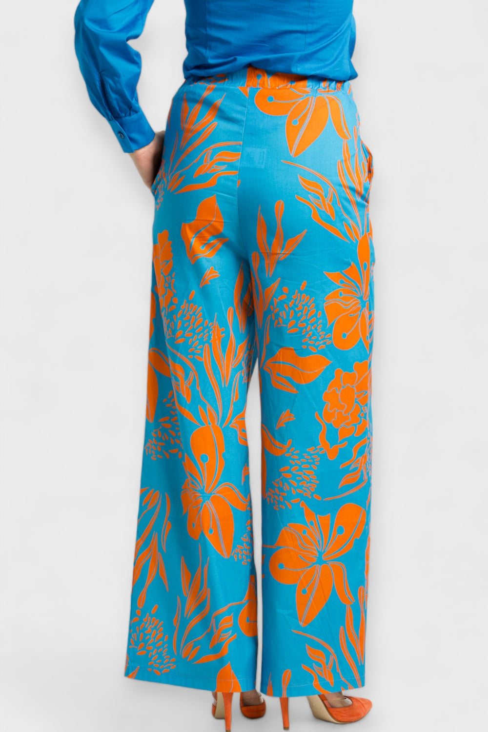 Capri Blue & Orange Floral Cotton Palazzo Pants by Enhle Italian Women's Clothing
