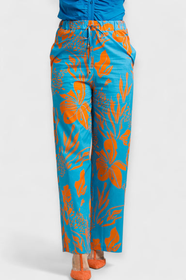 Capri Blue & Orange Floral Cotton Palazzo Pants by Enhle Italian Women's Clothing