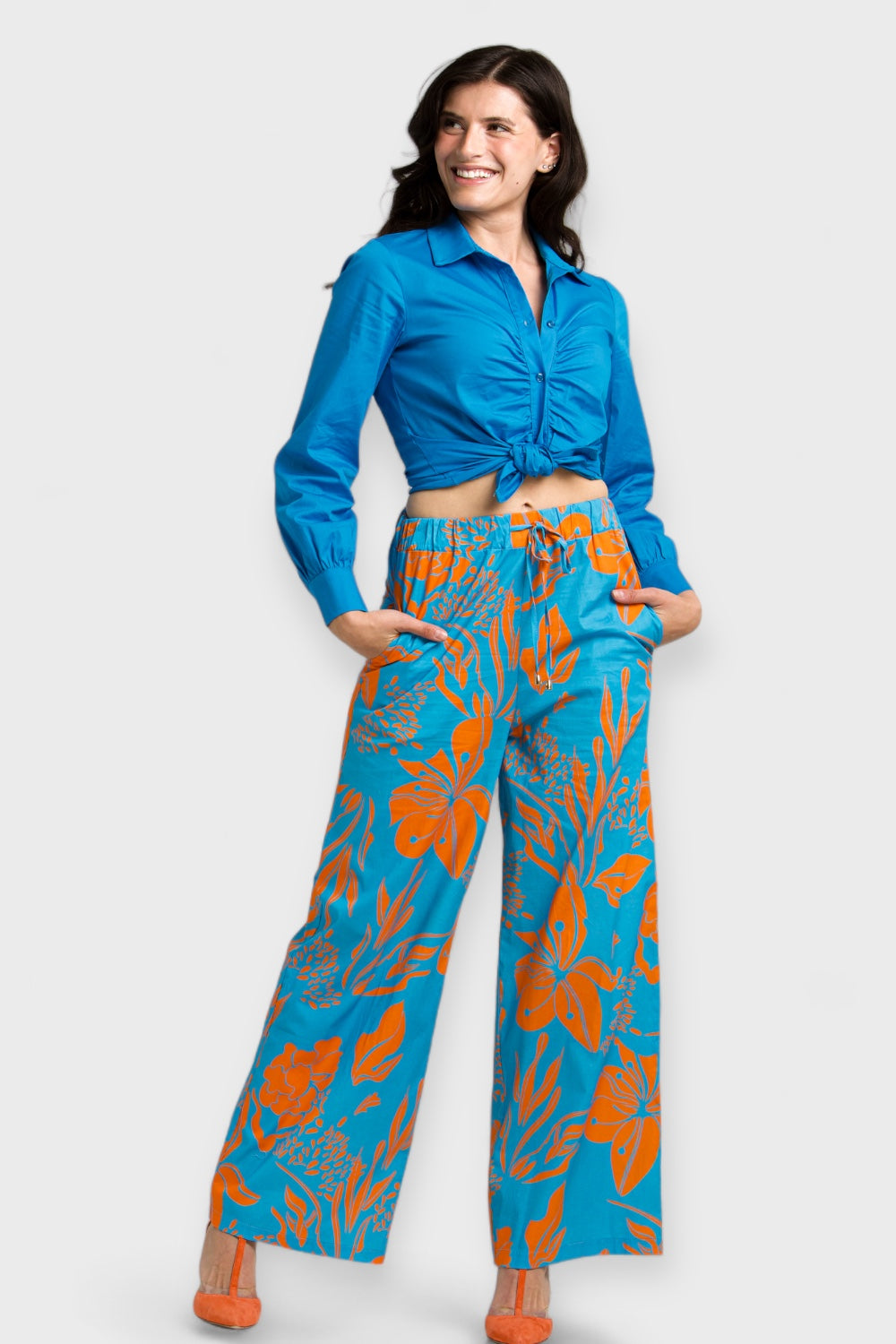 Capri Blue & Orange Floral Cotton Palazzo Pants by Enhle Italian Women's Clothing Paired with Capri Blue Cotton Shirt and Arancia Orange T-Strap Heels