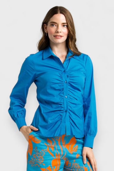 Capri Blue Ruched Button Up Cotton Blouse by Enhle Italian Women's Clothing