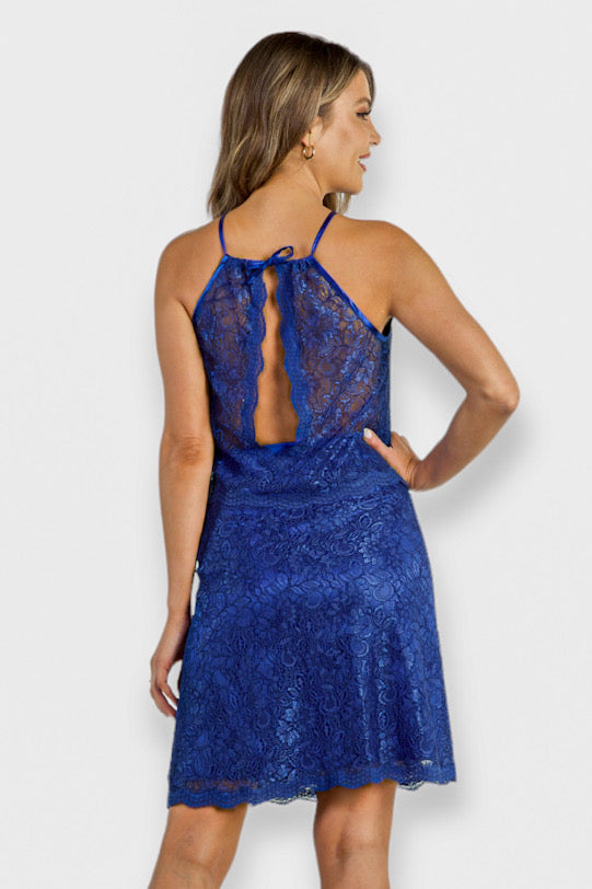 Royal Blue Lace Halter Top & Skirt Two-Piece Set Back View 
by Sara Sabella Italian Women's Clothing
