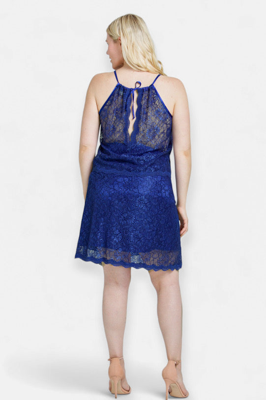 Plus Size Royal Blue Lace Halter Top & Skirt Two-Piece Set Back View by Sara Sabella Italian Women's Clothing