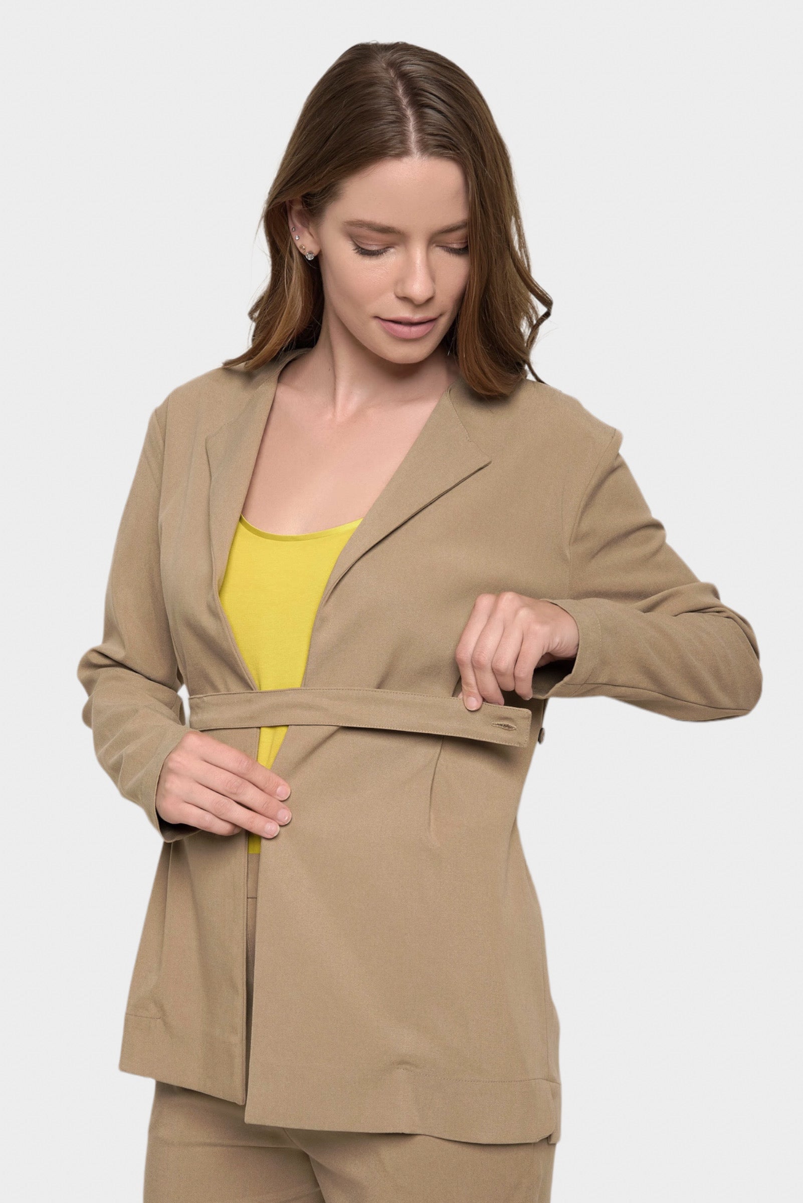 Carmella Tan Tie-Front Belted Blazer by Marise.Eco.Couture Italian Women's Fashion- Button closure view