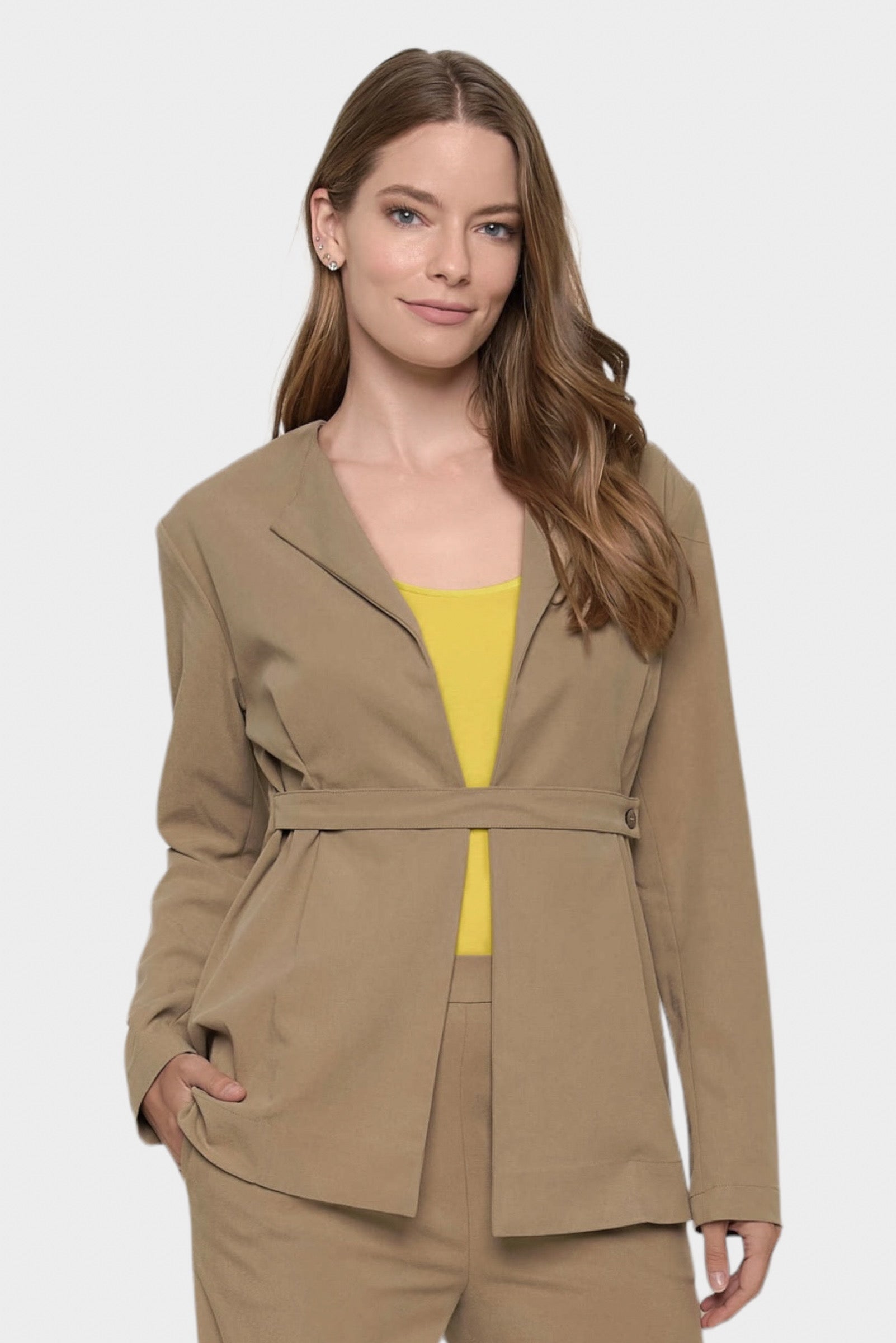 Carmella Tan Tie-Front Belted Blazer by Marise.Eco.Couture Italian Women's Fashion- Front View