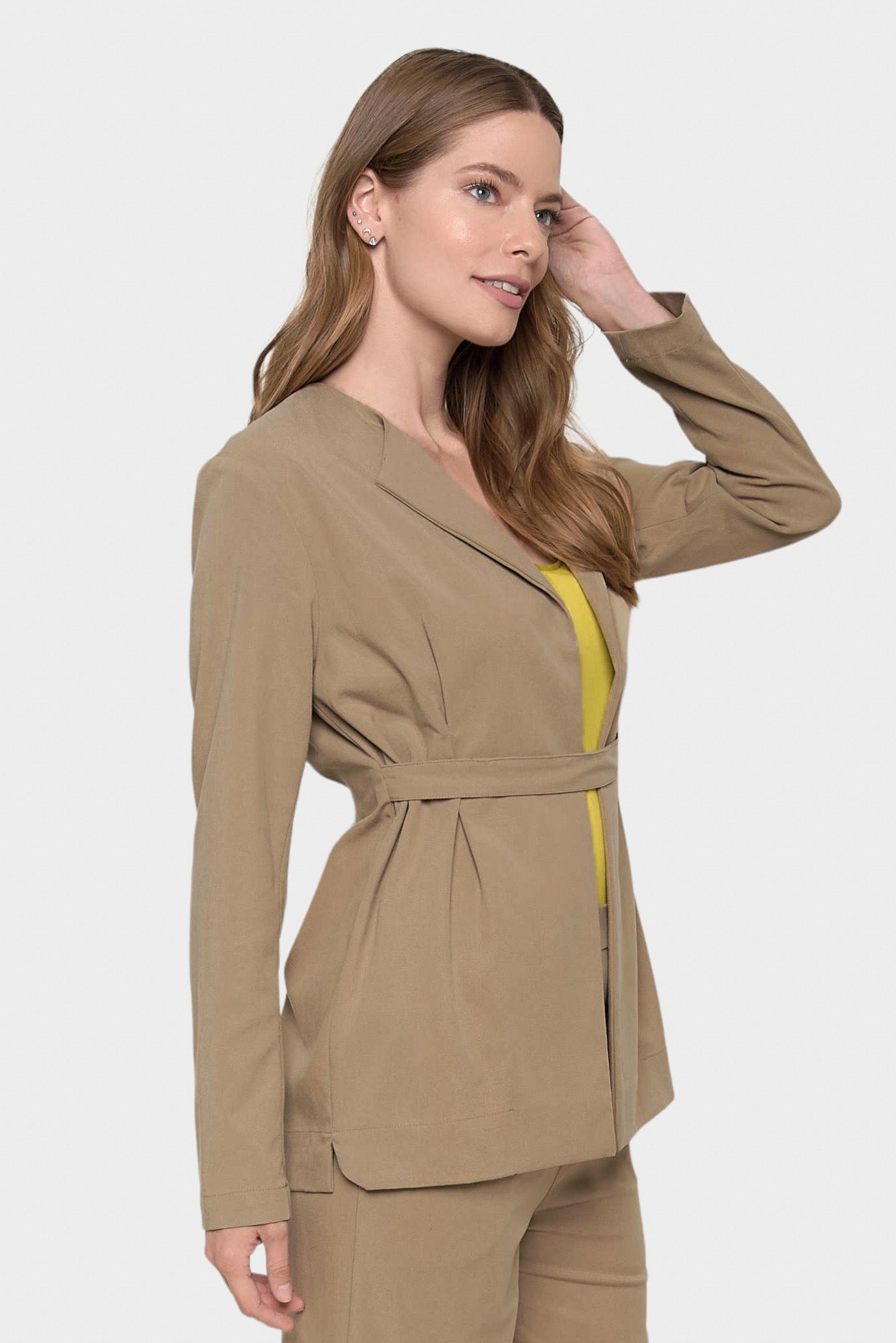 Carmella Tan Tie-Front Belted Blazer by Marise.Eco.Couture Italian Women's Fashion- Side View