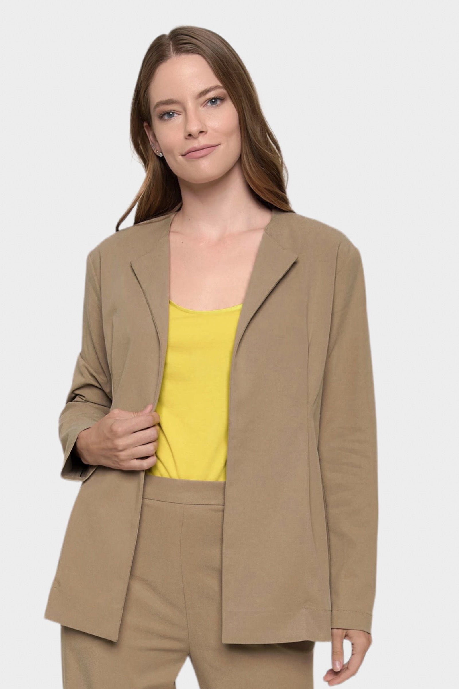 Carmella Tan Tie-Front Belted Blazer by Marise.Eco.Couture Italian Women's Fashion- Front open jacket View