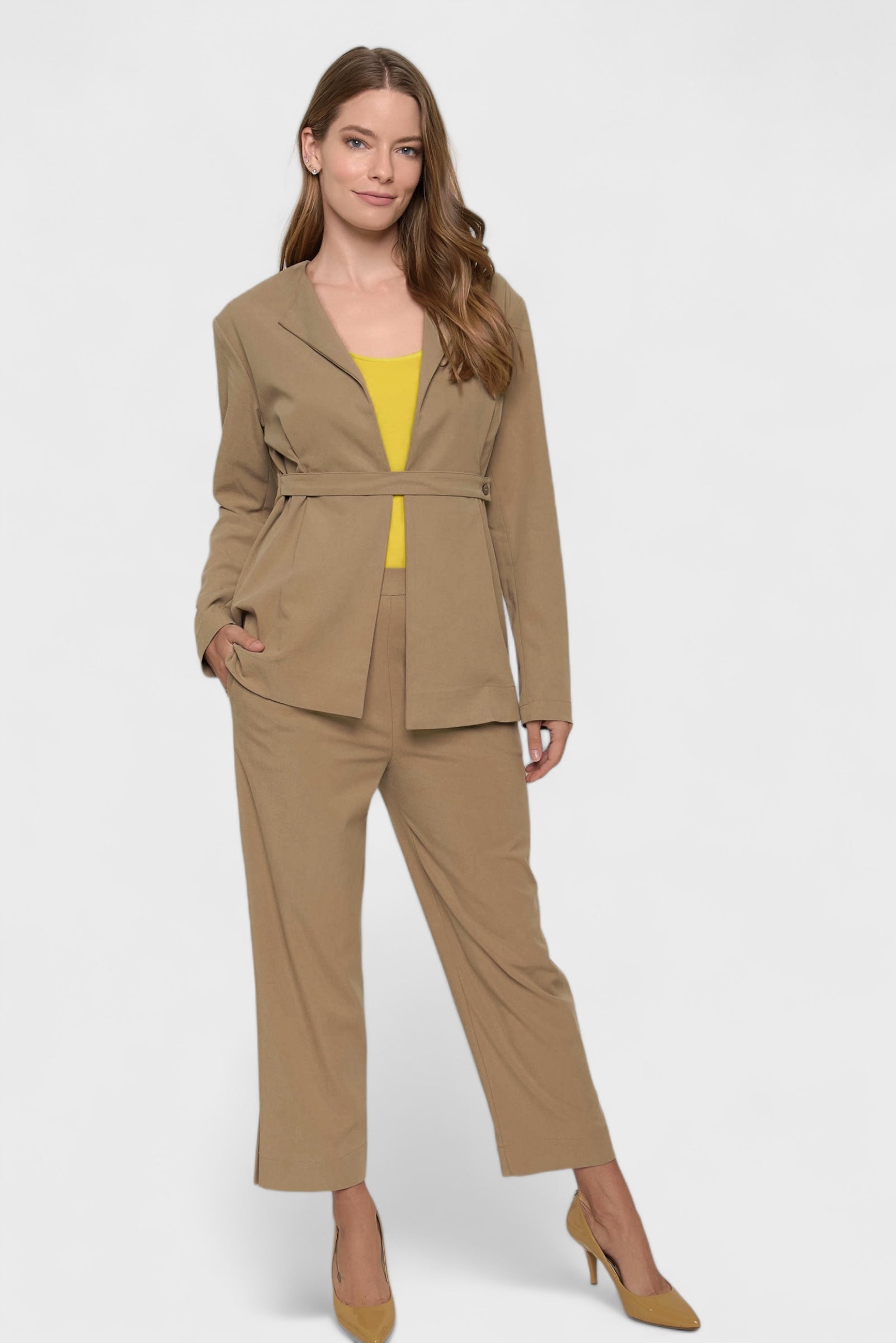Carmella Tencel Tan Button Tie-Front Belted Blazer Paired with Andrea Cropped Pants by Marise.Eco.Couture Italian Women's Fashion