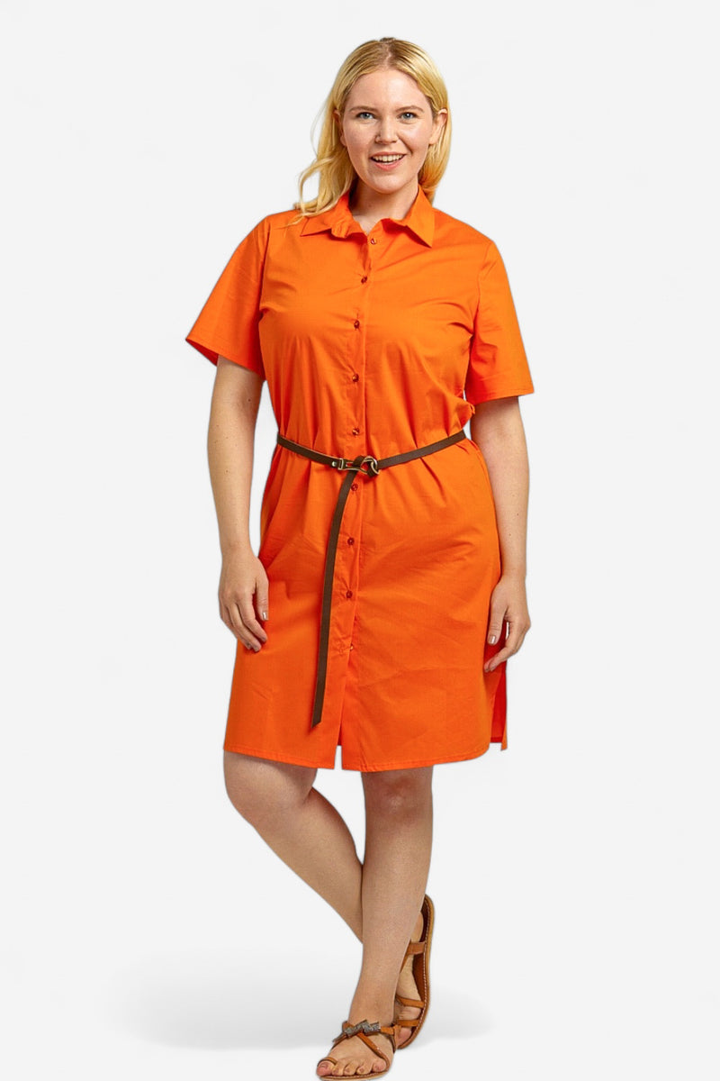 Plus Size Orange Cotton Utility Summer Shirt Dress