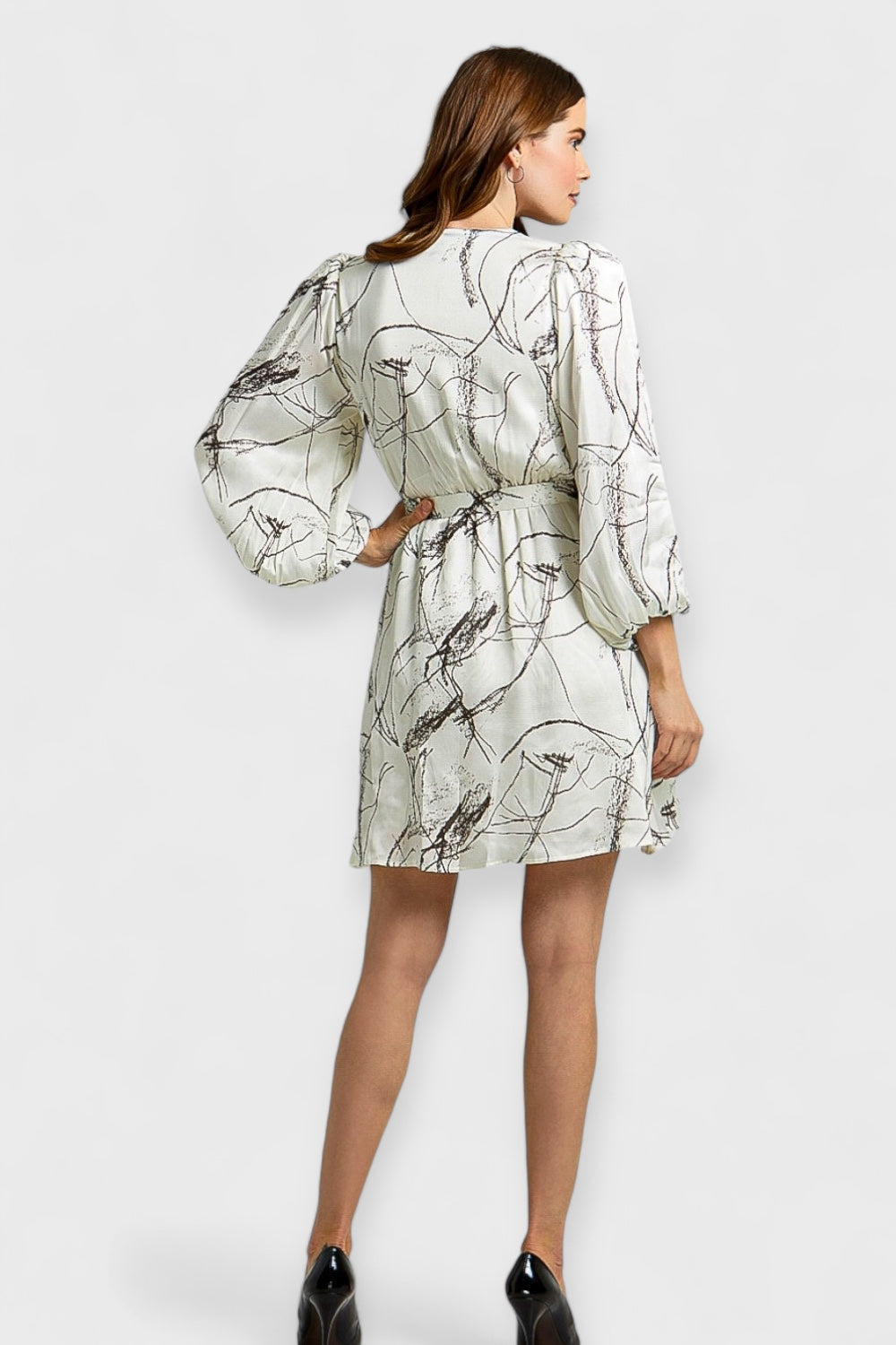 Black and White Satin Faux-Wrap Mini Dress| Italian Dresses Large Black and White Satin Faux-Wrap Mini Dress| Italian Dresses Large