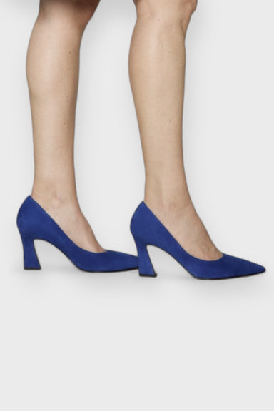 Royal Blue Suede Flared Heel Pumps on Model  byDanilo di Lea Italian Women's Shoes