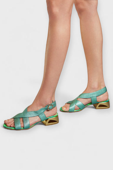 Celestia Green Leather Slingback Sandals on Model by Danilo di Lea Italian Women's Shoes