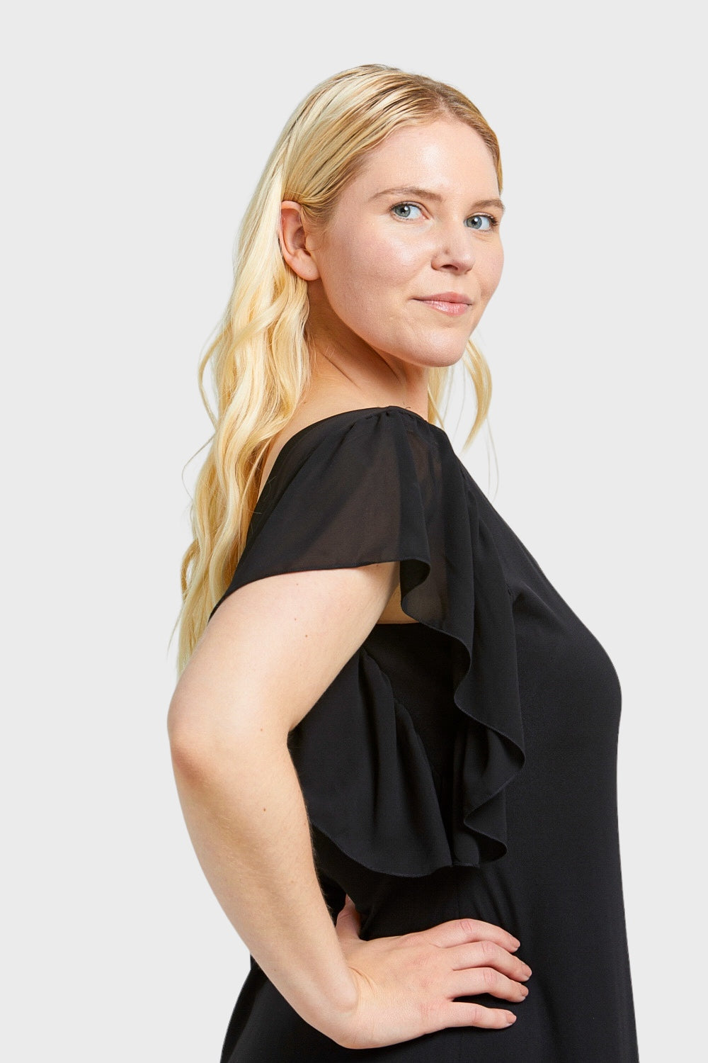 Plus Size Black Ruffled Sleeves Jersey Dress | Italian Dresses 56/ US 20 / Black Plus Size Black Ruffled Sleeves Jersey Dress | Italian Dresses 56/ US 20 / Black