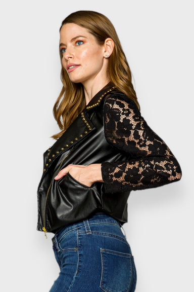 Cera Leather Studded Lace Sleeve Black Moto Jacket by AnnaCristy Milano Italian Women's Clothing