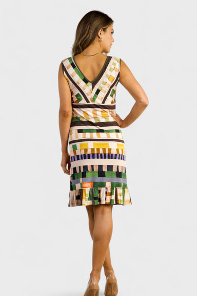 Domizia Sleeveless Ruffle Hem Geo Print Dress by Annare Italian Women's Fashion