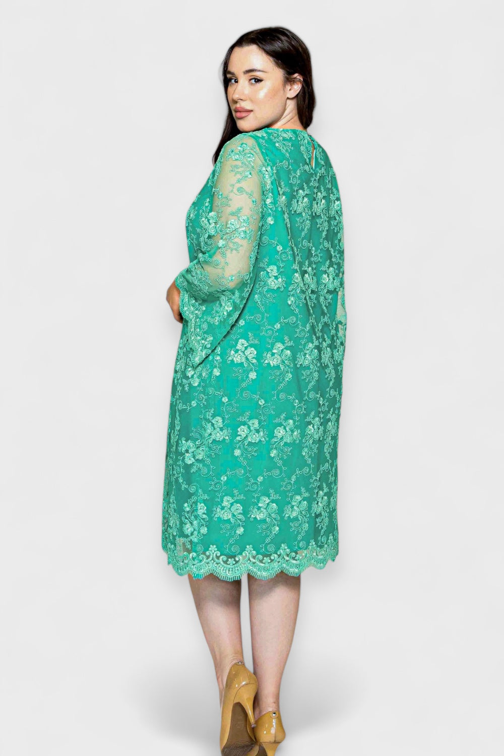 Plus-Size Turquoise Lace Bell Sleeve Formal Dress| Italian Dresses 50/ US 14 / Green Plus-Size Turquoise Lace Bell Sleeve Formal Dress| Italian Dresses 50/ US 14 / Green