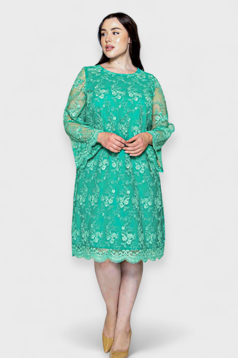Plus-Size Turquoise Lace Bell Sleeve Formal Dress by Sara Sabella Italian Women's Clothing