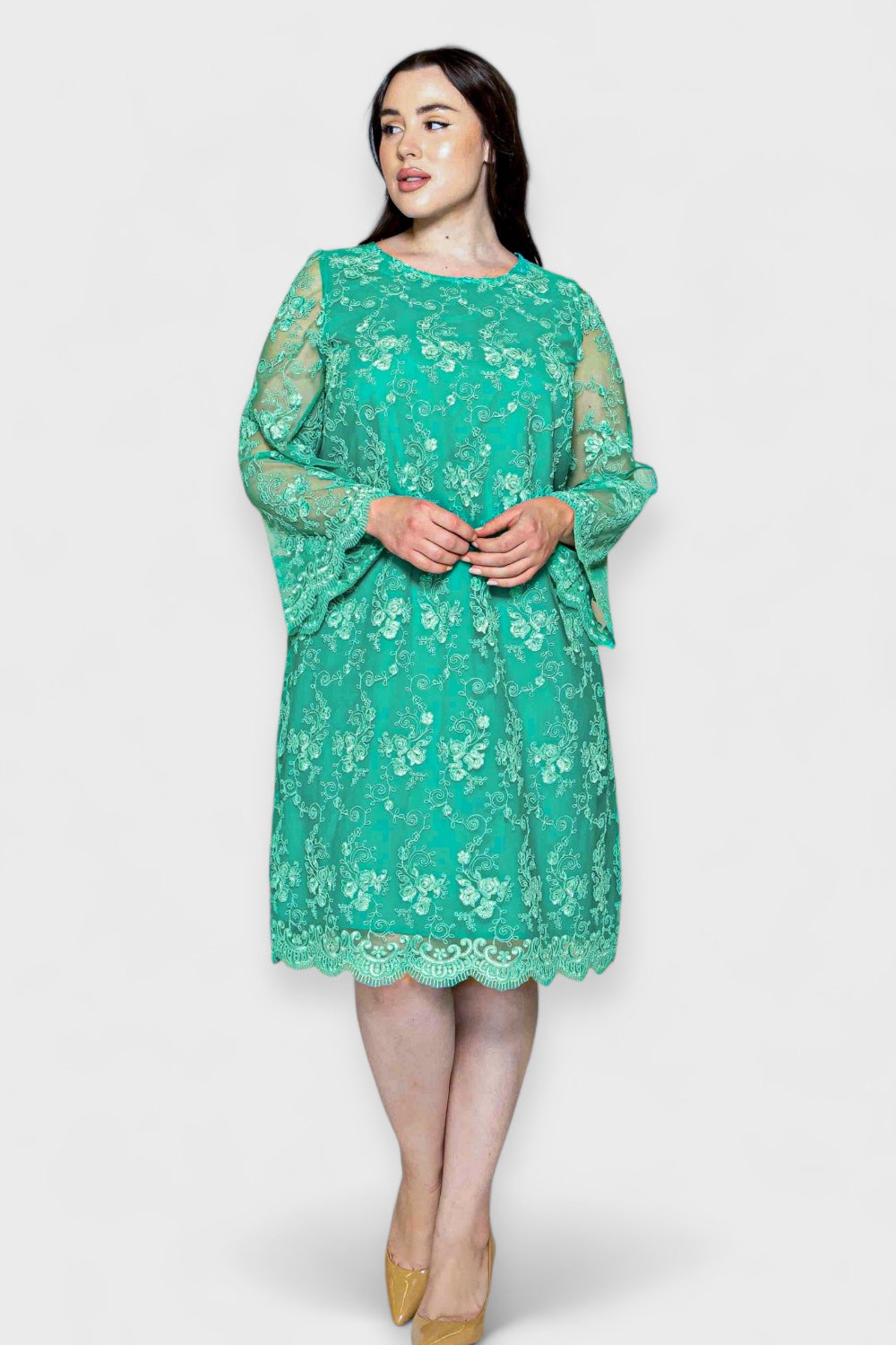 teal formal dress plus size Plus-Size Turquoise Lace Bell Sleeve Dress| Italian Dresses 50/ US 14 / Green Violet Dress: White Mini which is made for Baby Conductor Outfit Colour:White